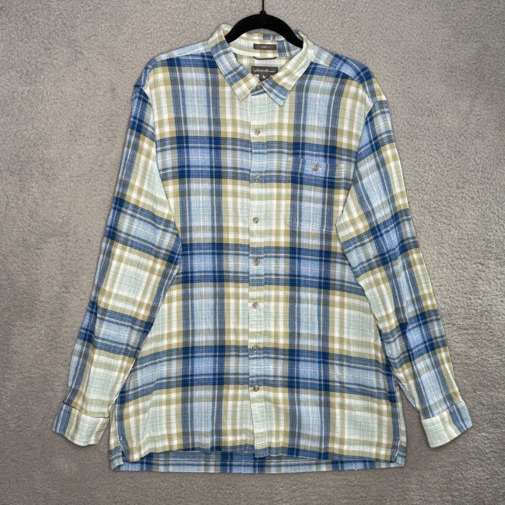 Eddie Bauer Mens XL Tall Blue Green Plaid Cotton Button Down Shirt Classic Fit